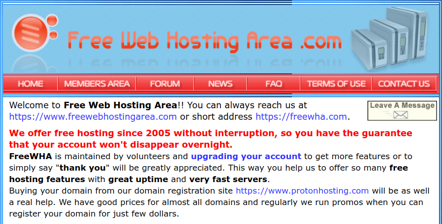 freewebhostingarea free hosting service