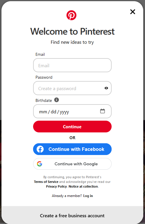 pinterest signup box